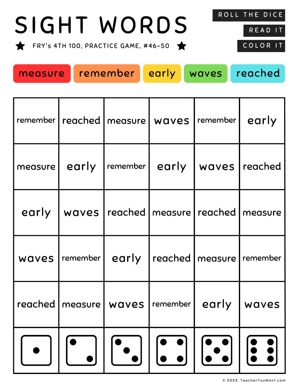 Fry’s sight word practice game 46–50: roll, read, and color measure, remember, early, waves, and reached.