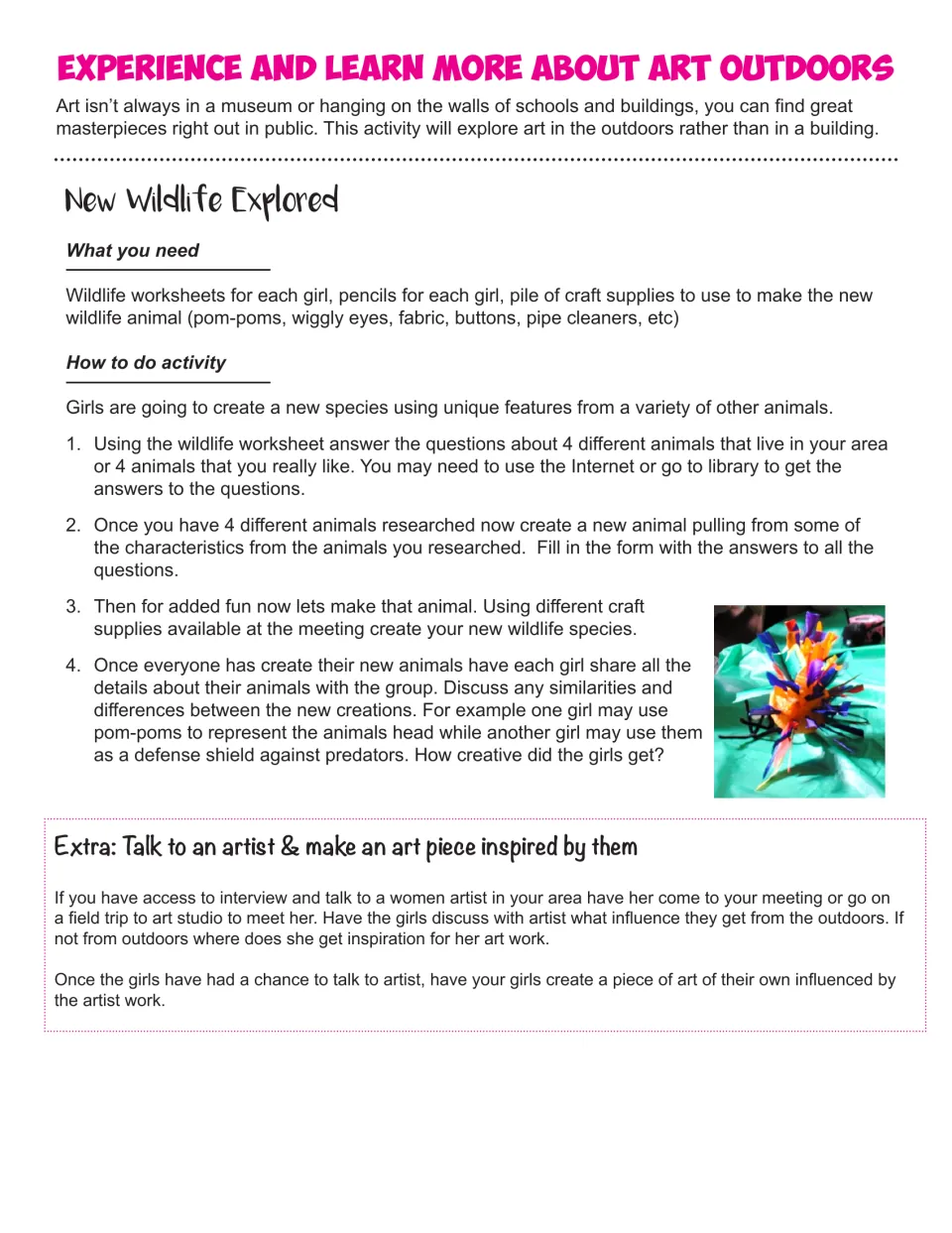 New Wildlife Explored leader directions: research 4 animals, invent a new species, and build it from craft supplies