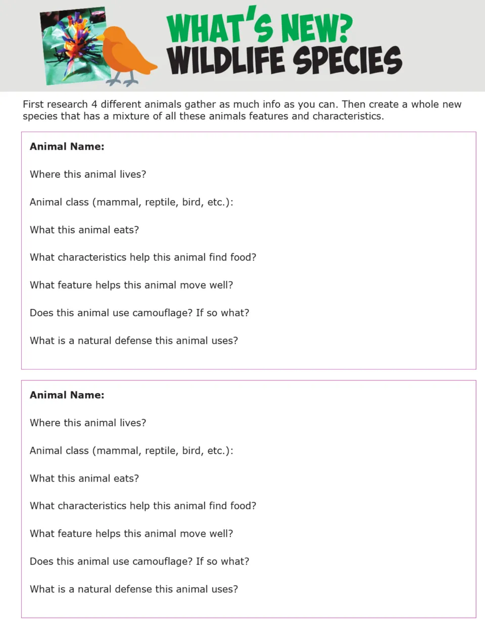 What's New? Wildlife Species research sheet, animals 1–2: where it lives, class, food, camouflage, defense