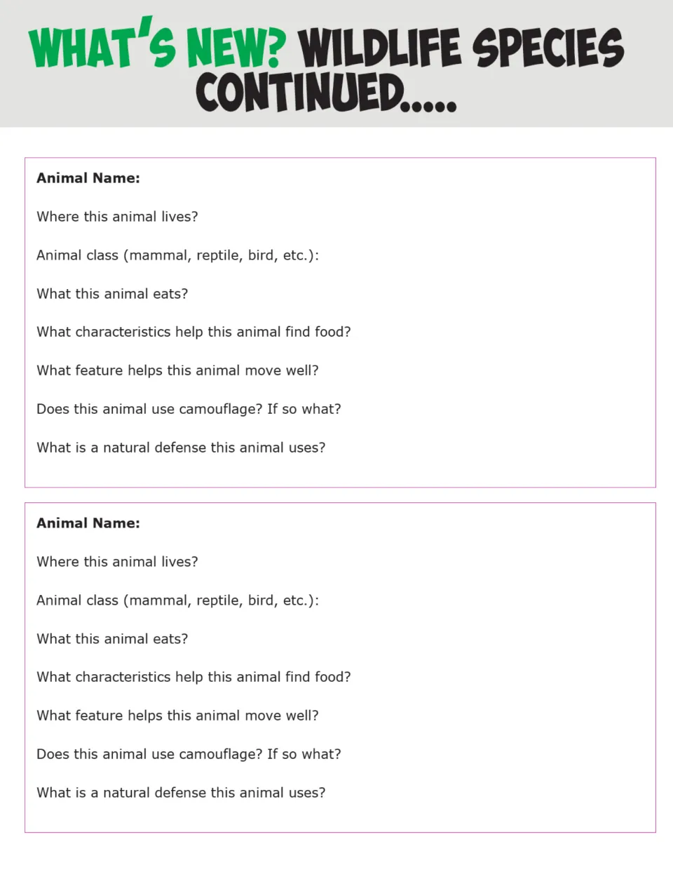 Wildlife Species research sheet continued, animals 3–4, with the same seven questions about each animal