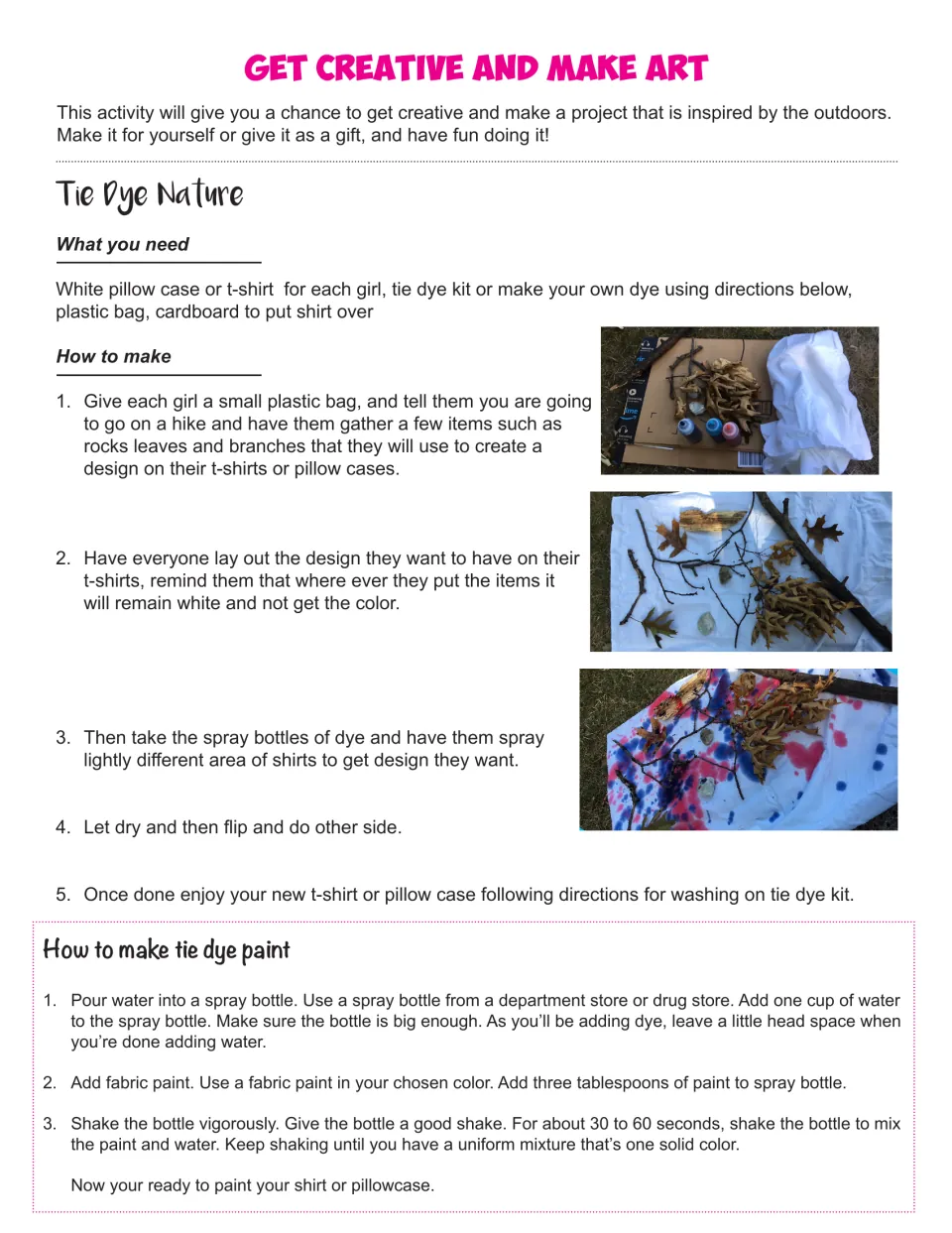 Tie Dye Nature steps: lay leaves and sticks on a shirt and spray dye, with photos and a homemade dye recipe