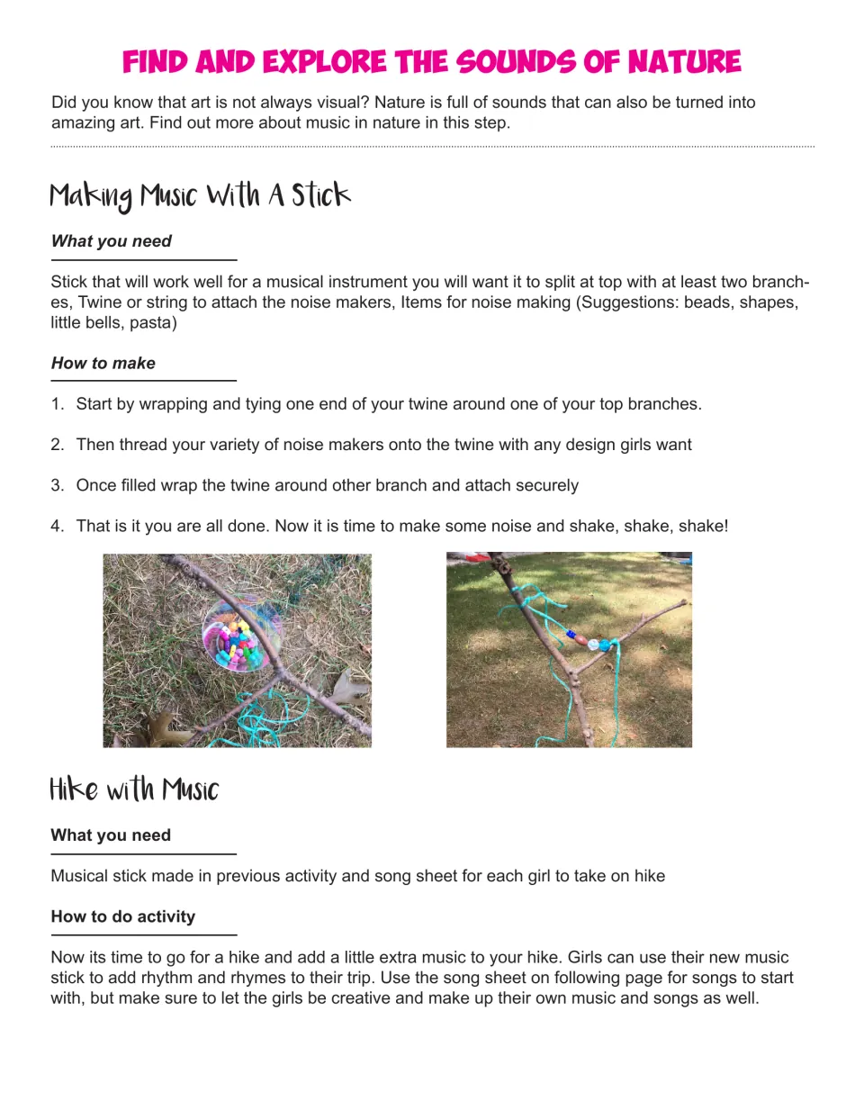 Making Music With A Stick steps, threading beads on twine across a forked stick, plus the Hike with Music activity