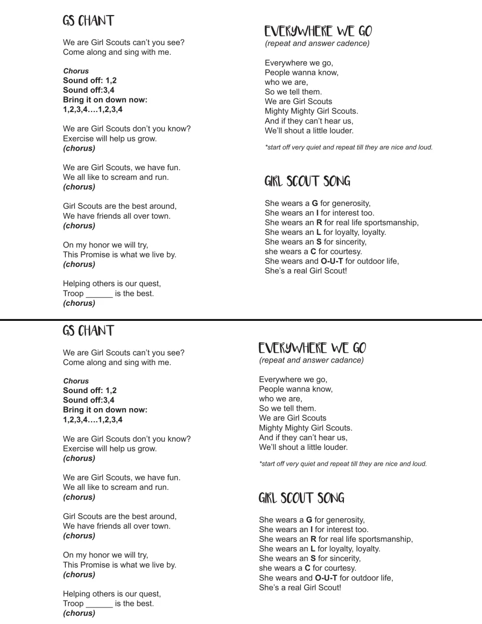 Song sheet with GS Chant, Everywhere We Go and Girl Scout Song lyrics, two copies per page