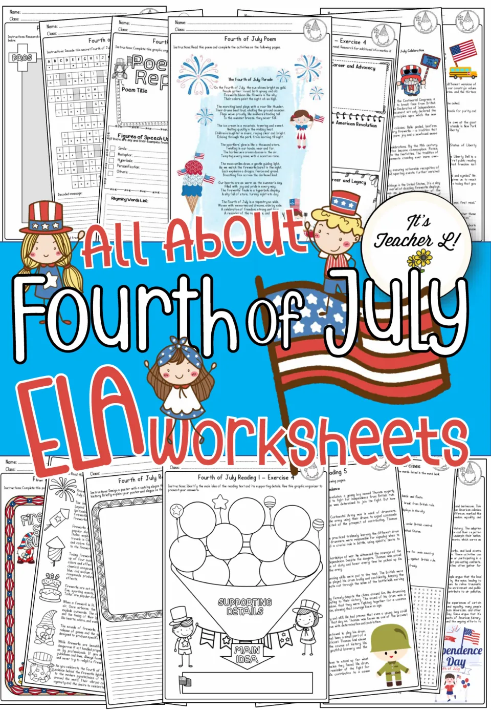 Fourth of July ELA packet cover showing sample vocabulary, poetry, reading, and graphic organizer activities