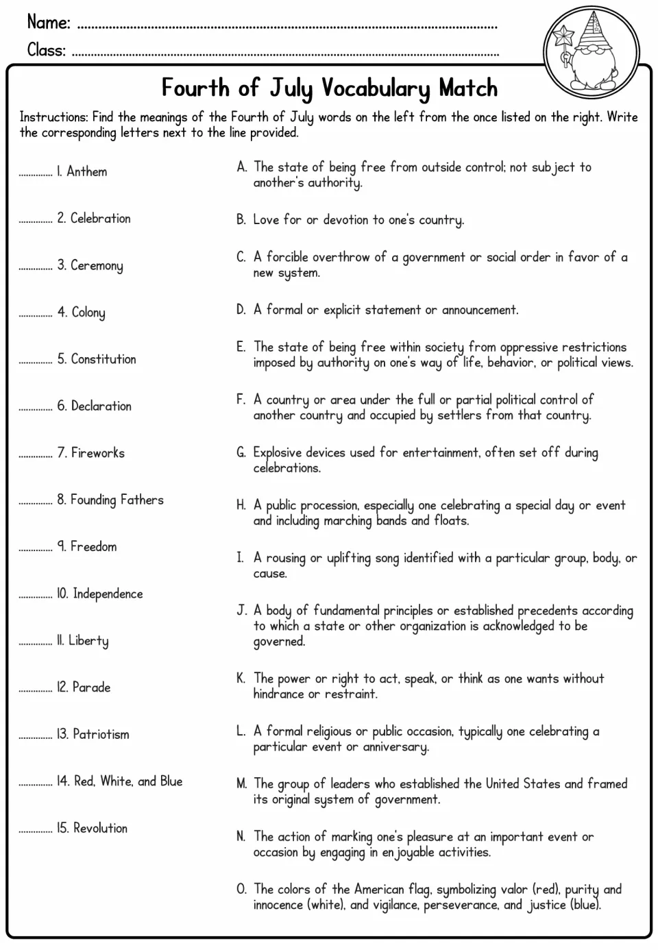 Fourth of July vocabulary matching activity with 15 terms, including anthem, colony, liberty, and patriotism