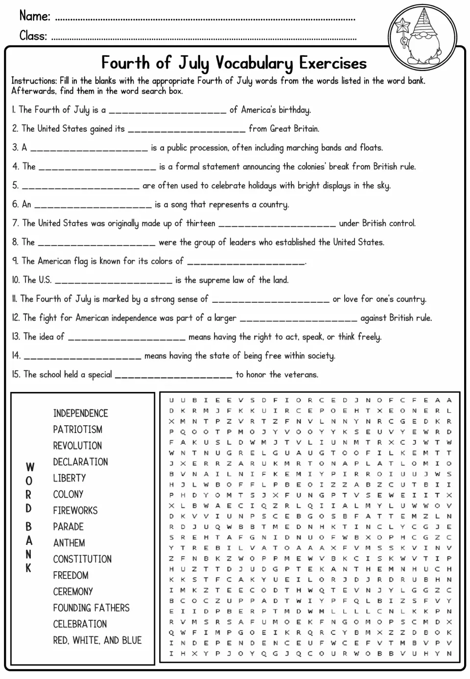 Fourth of July vocabulary practice with 15 fill-in-the-blank sentences and a word search using a word bank