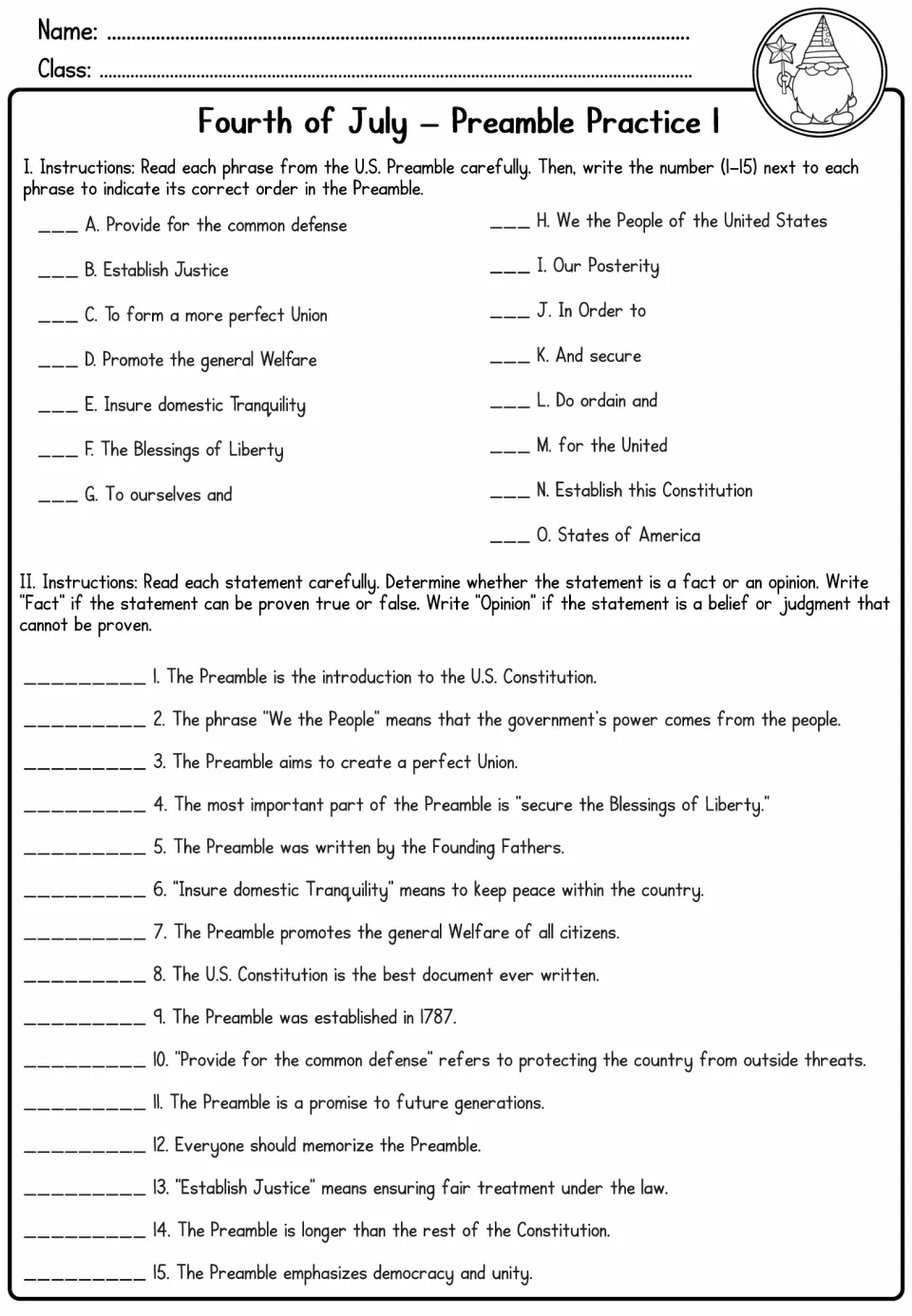 Preamble Practice 1 asks students to order 15 phrases and classify 15 statements as facts or opinions