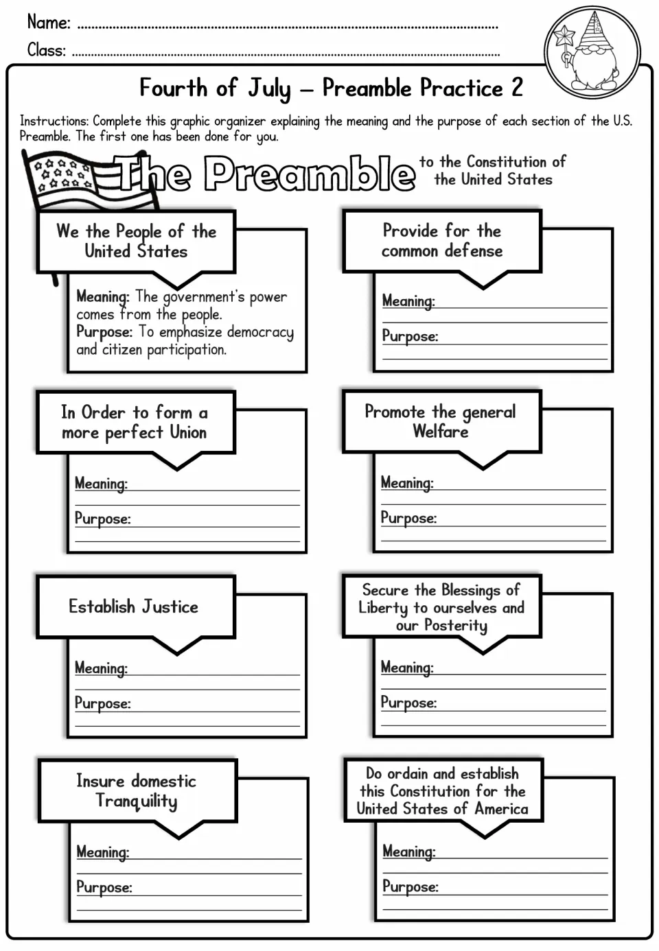 Preamble Practice 2 asks for the meaning and purpose of eight sections, with “We the People” completed