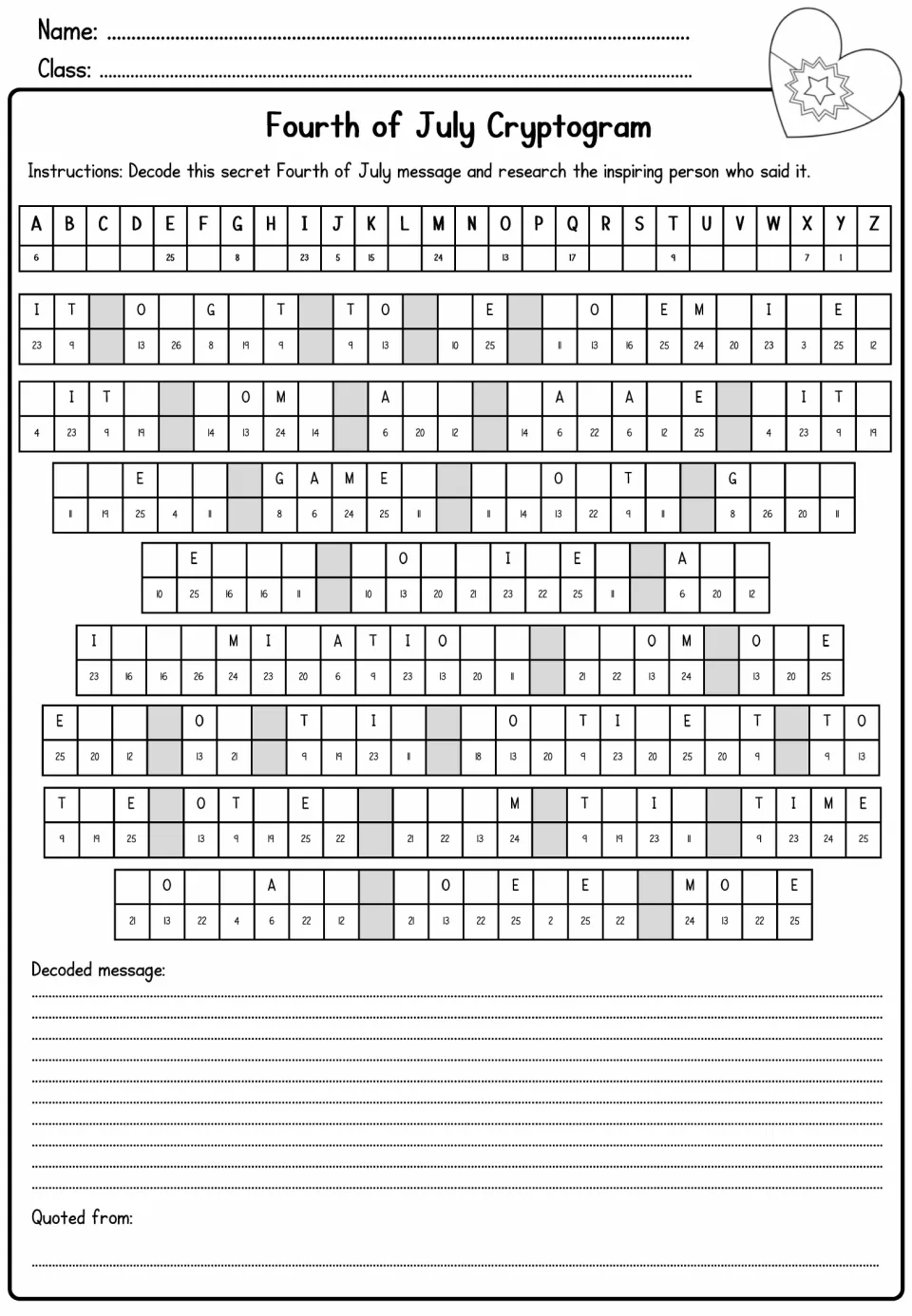 Fourth of July cryptogram asks students to decode a quotation and research the person who said it