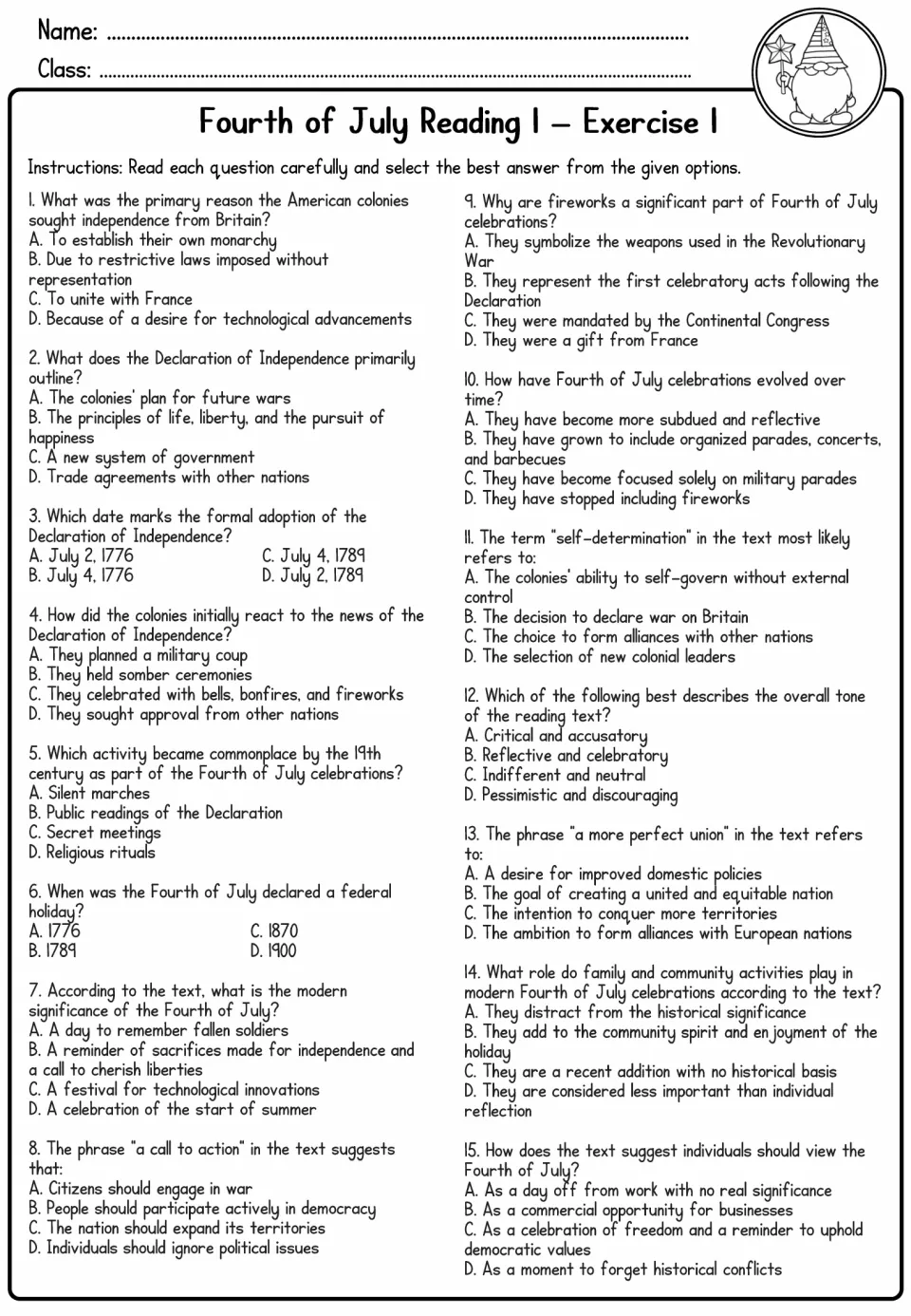Reading 1 Exercise 1 has 15 multiple-choice questions about independence, celebrations, and the text’s meaning
