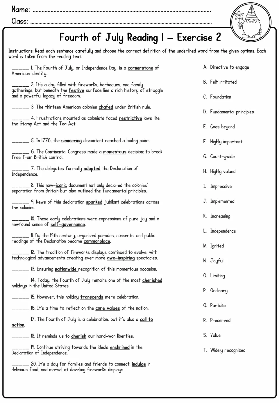 Reading 1 Exercise 2 matches 20 vocabulary meanings, including cornerstone, self-governance, and cherished