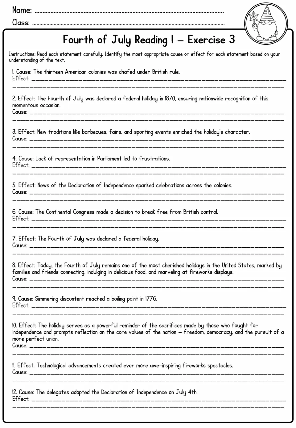 Reading 1 Exercise 3 asks students to supply causes or effects for 12 statements about Fourth of July history