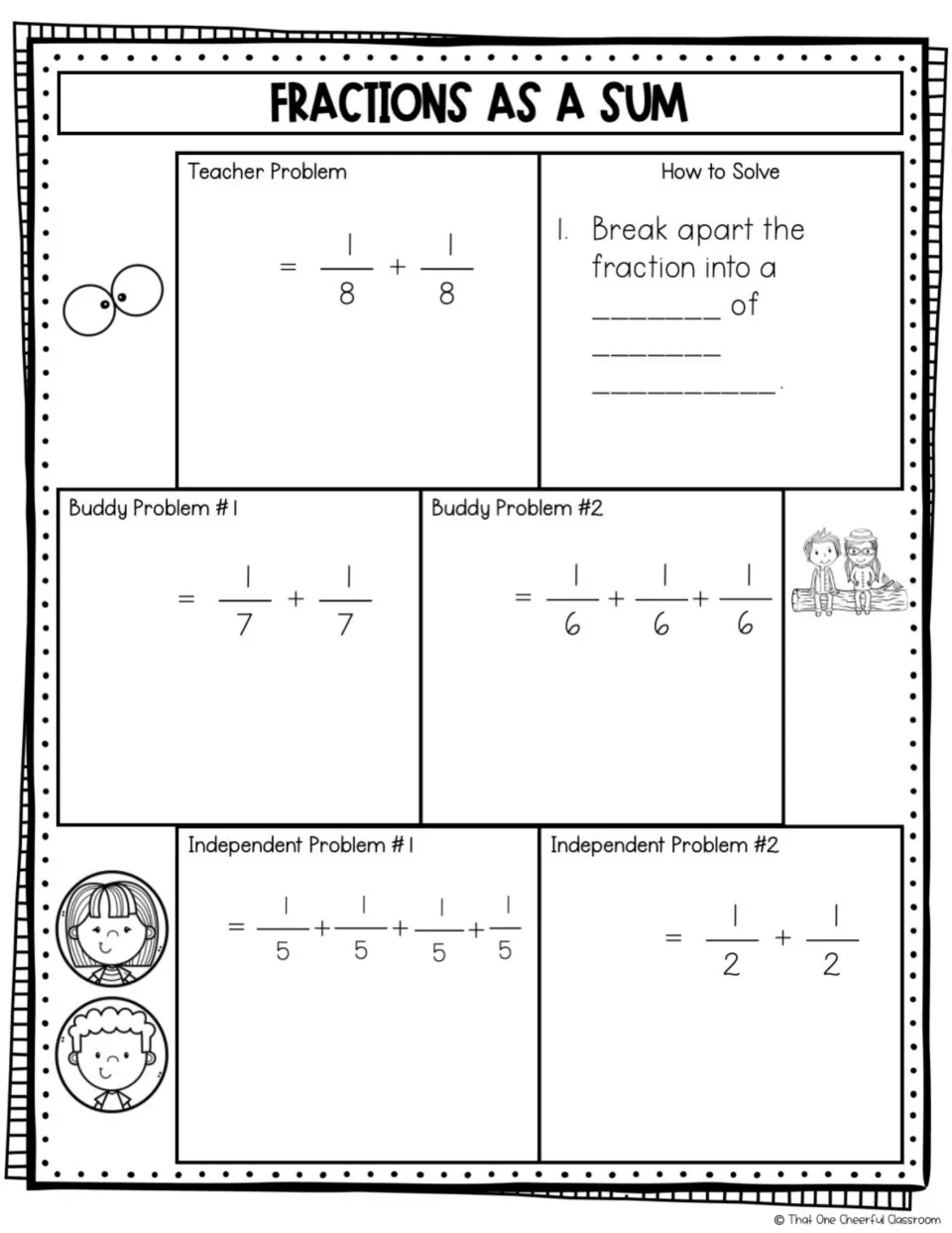 Guided notes on fractions as a sum, with unit fraction sums using eighths, sevenths, sixths, fifths, and halves