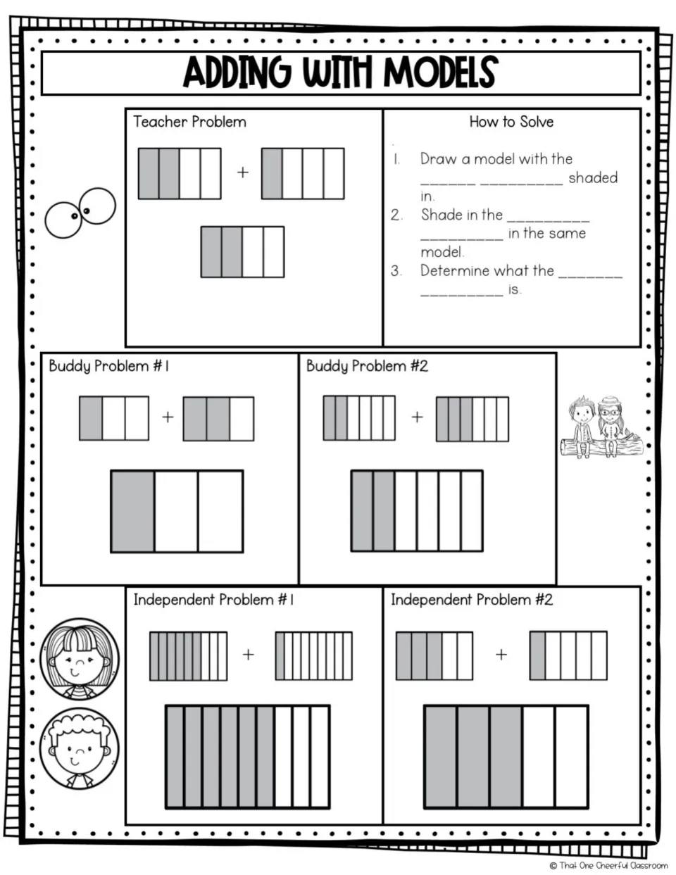 Adding with models guided notes show shaded fraction bars, partially shaded sum models, and fill-in steps