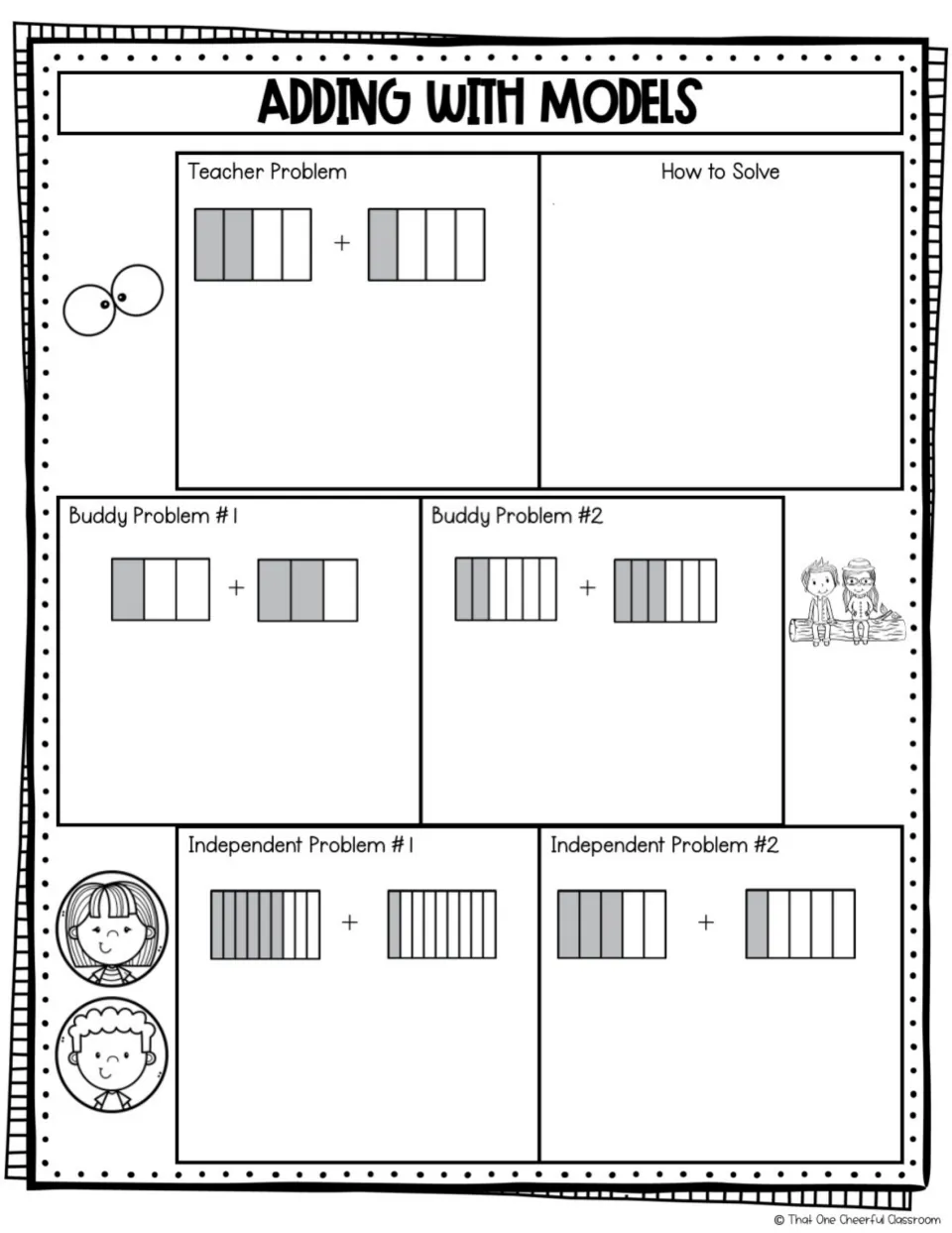Adding with models practice uses shaded fraction bars for a teacher example, two partner tasks, and two solo tasks