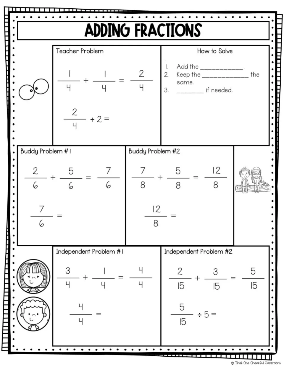 Adding fractions guided notes show like-denominator sums, fill-in solving steps, and unfinished simplification