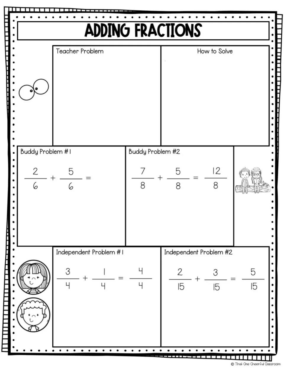 Adding fractions practice includes 2/6 + 5/6 and three more sums, with blank teacher-example and solving sections