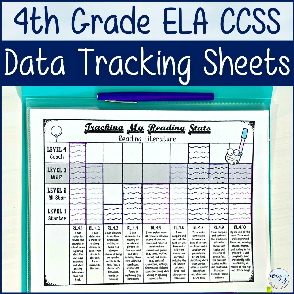 Cover for fourth-grade ELA CCSS data tracking sheets, showing a completed Reading Literature tracker