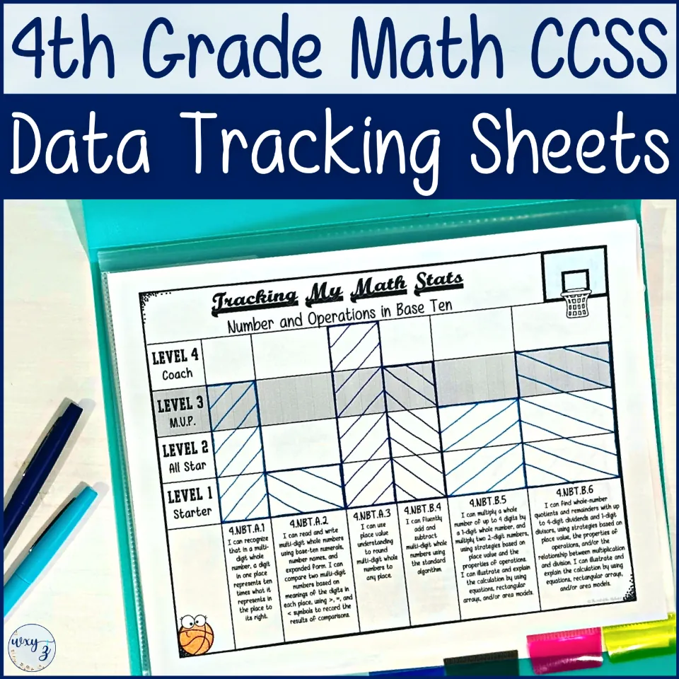 Cover of the fourth-grade math data tracking resource, showing a shaded Base Ten proficiency tracker