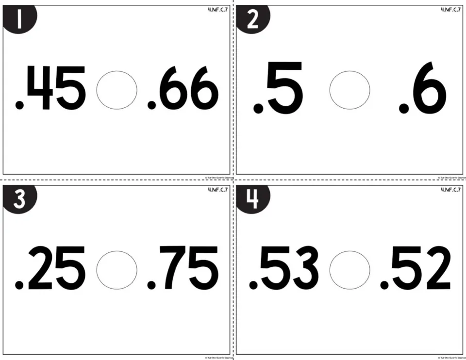 Comparing decimals task cards 1-4: students compare .45 and .66, .5 and .6, .25 and .75, and .53 and .52 in the circle