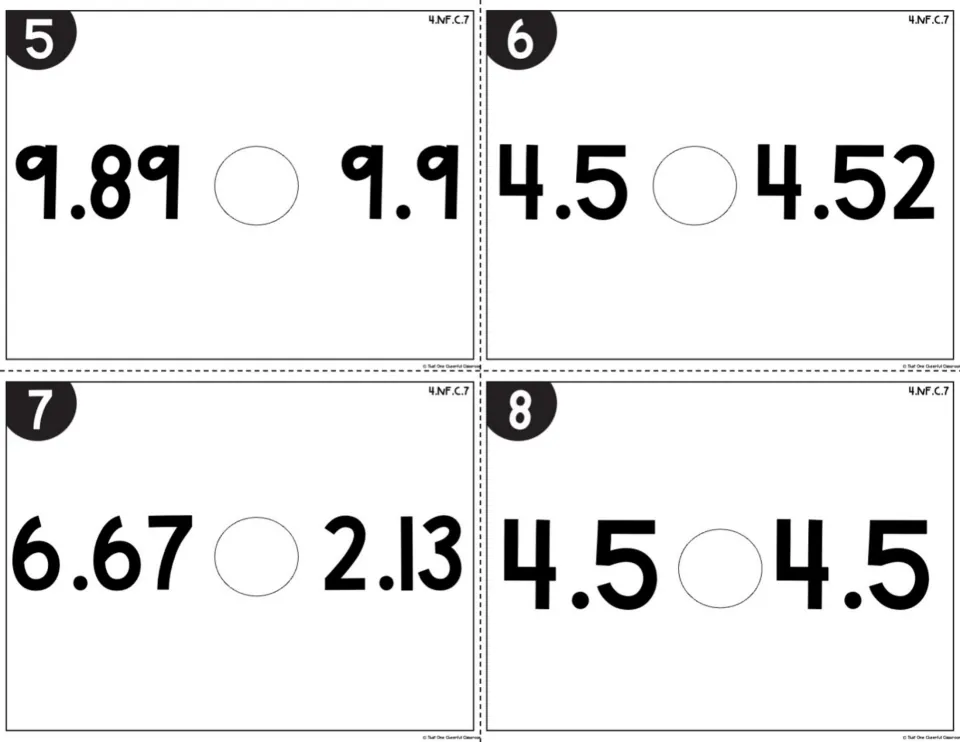Decimal comparison cards 5-8: students compare 9.89 and 9.9, 4.5 and 4.52, 6.67 and 2.13, and 4.5 with 4.5