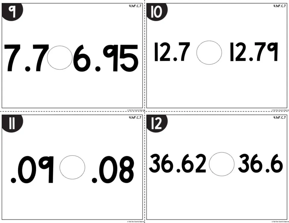 Decimal comparison cards 9-12: students compare 7.7 and 6.95, 12.7 and 12.79, .09 and .08, and 36.62 and 36.6
