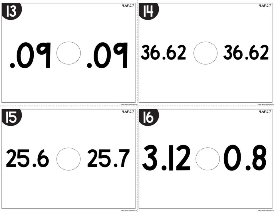 Decimal comparison cards 13-16: students compare .09 and .09, 36.62 and 36.62, 25.6 and 25.7, and 3.12 and 0.8