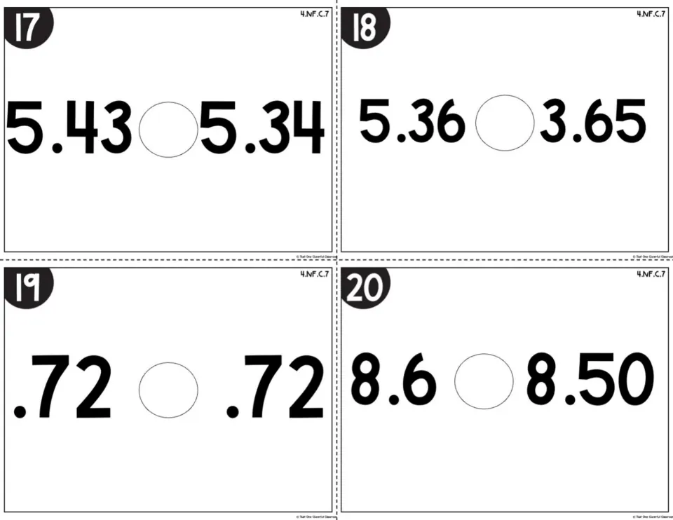 Decimal comparison cards 17-20: students compare 5.43 and 5.34, 5.36 and 3.65, .72 and .72, and 8.6 and 8.50