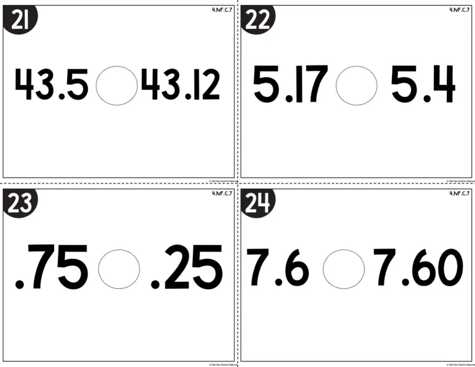 Decimal comparison cards 21-24: students compare 43.5 and 43.12, 5.17 and 5.4, .75 and .25, and 7.6 and 7.60