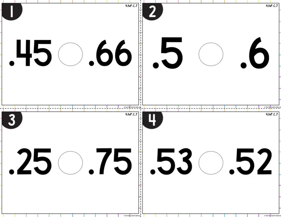 Colored-background decimal cards 1-4: compare .45 with .66, .5 with .6, .25 with .75 and .53 with .52 using the circle