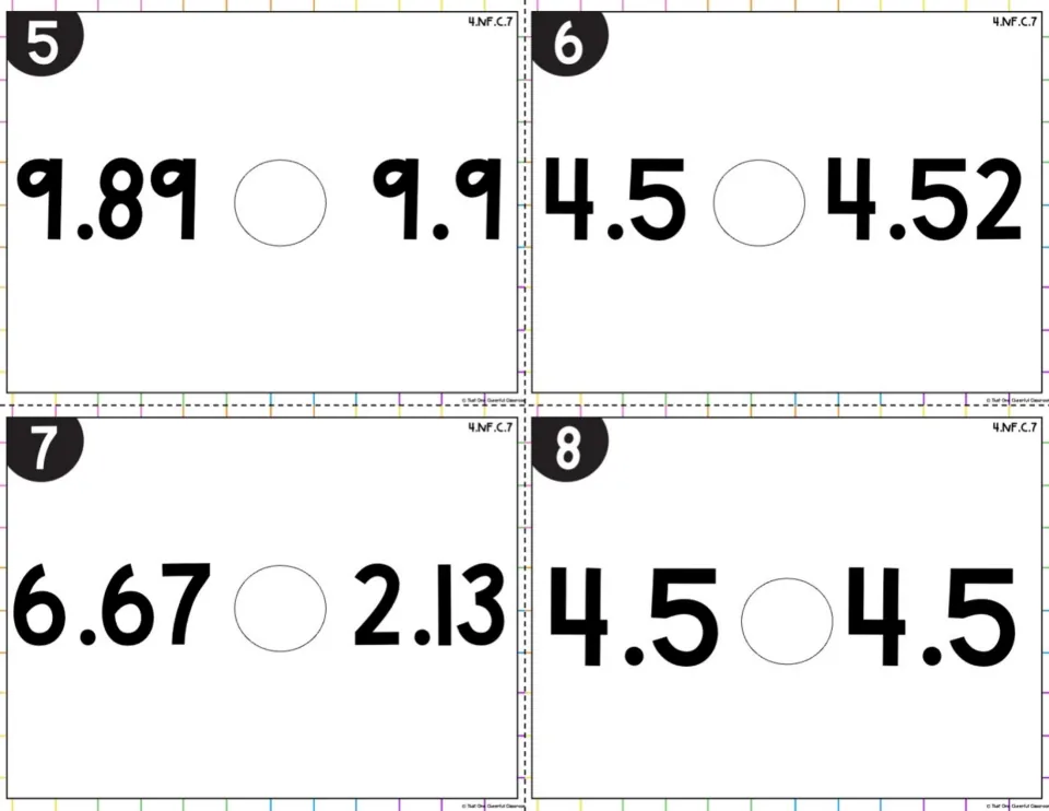 Colored-background decimal cards 5-8: compare 9.89 with 9.9, 4.5 with 4.52, 6.67 with 2.13 and 4.5 with 4.5 in the circle