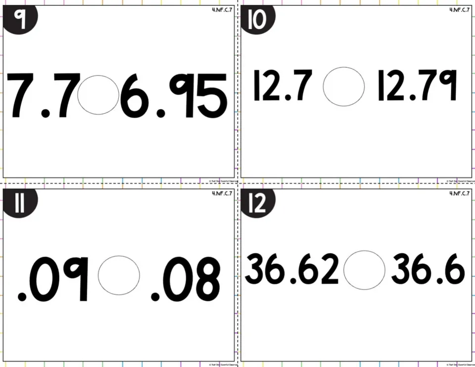 Colored-background decimal cards 9-12: compare 7.7 with 6.95, 12.7 with 12.79, .09 with .08 and 36.62 with 36.6