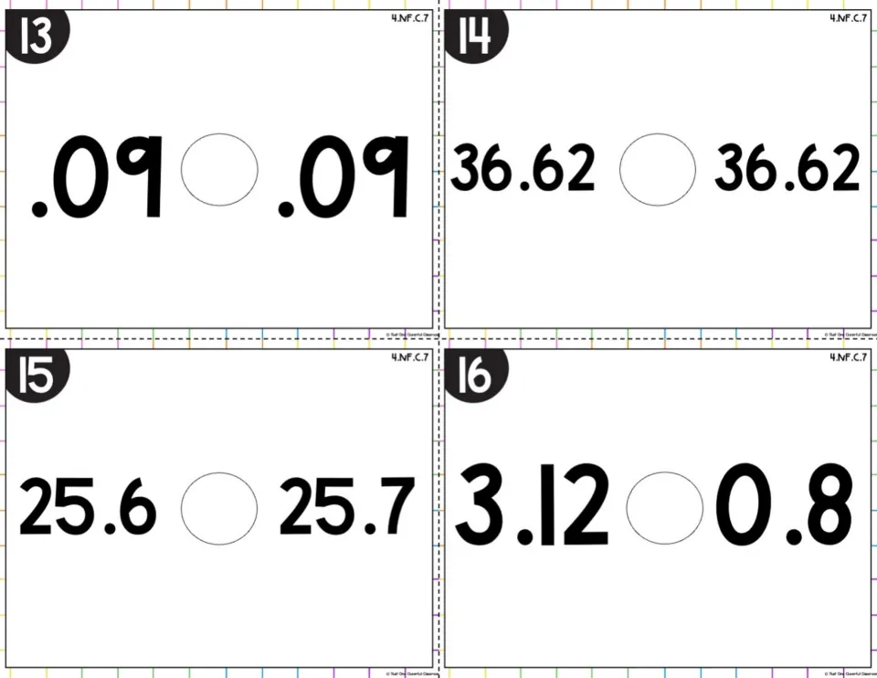 Colored-background decimal cards 13-16: compare .09 with .09, 36.62 with 36.62, 25.6 with 25.7 and 3.12 with 0.8