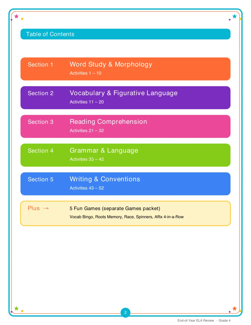 Table of contents listing five sections, Word Study to Writing, with activity numbers 1 to 52 and a separate games packet