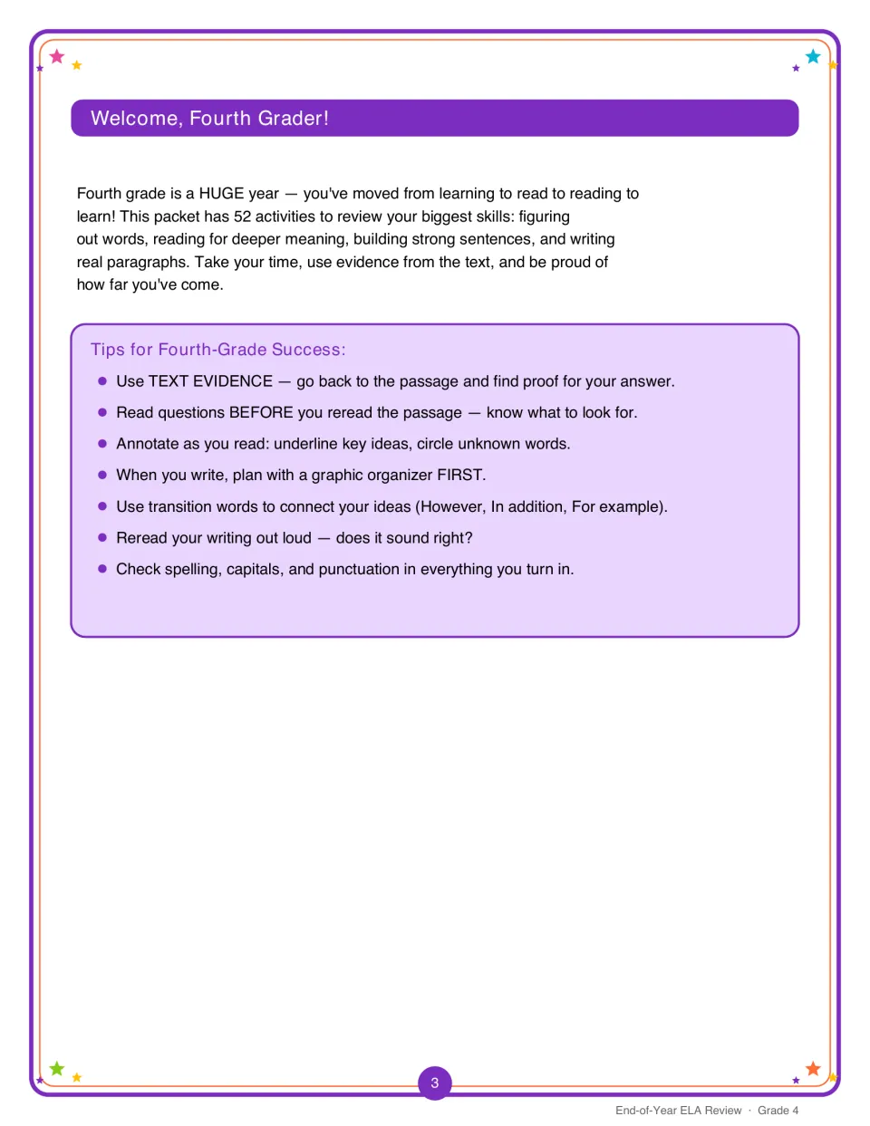 Welcome letter to fourth graders with seven success tips: use text evidence, annotate, plan writing, check punctuation