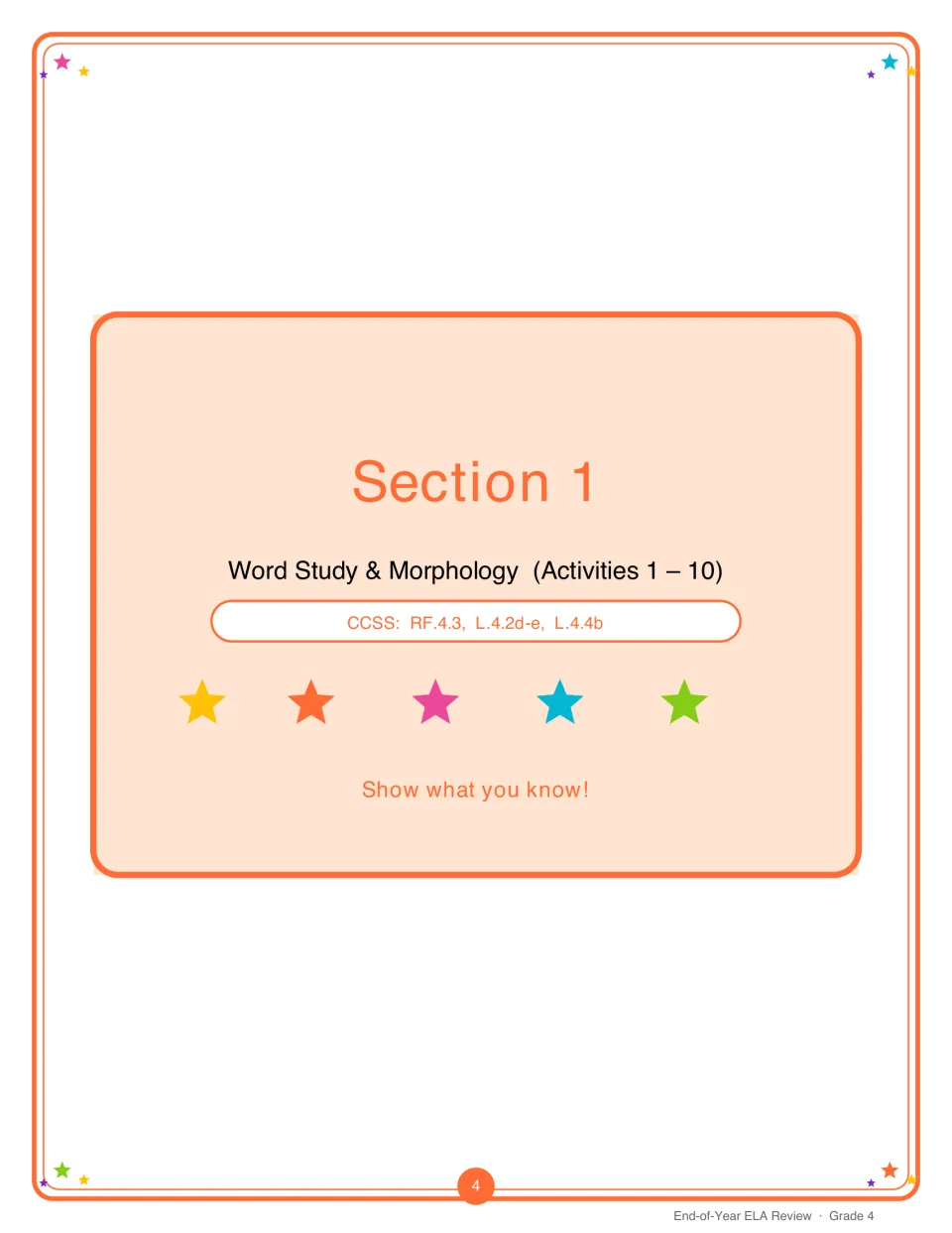 Section 1 divider introducing Word Study & Morphology, Activities 1 to 10, with the message 'Show what you know!'