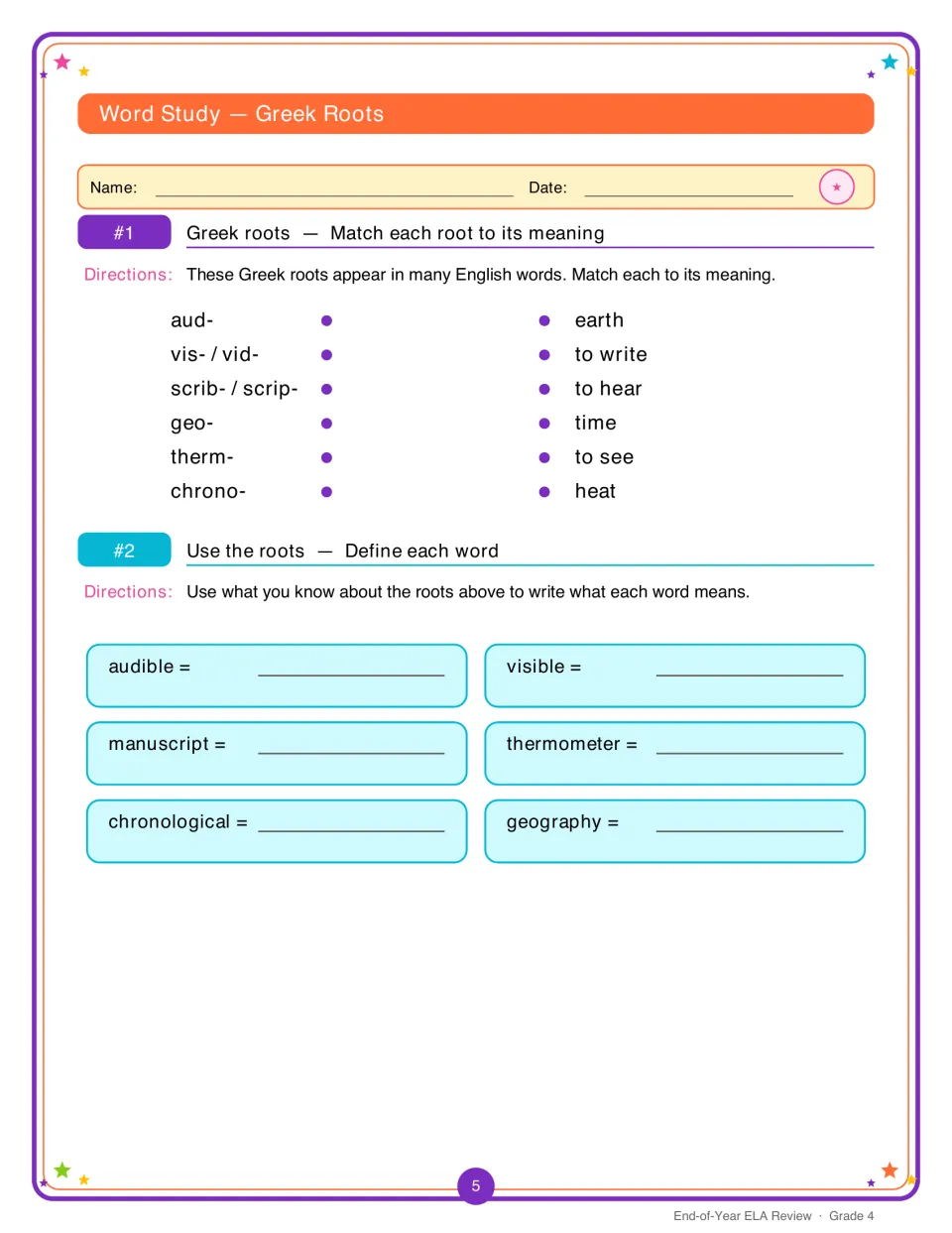 Greek roots: students match aud, vis, scrib, geo, therm and chrono to meanings, then define audible, thermometer and more