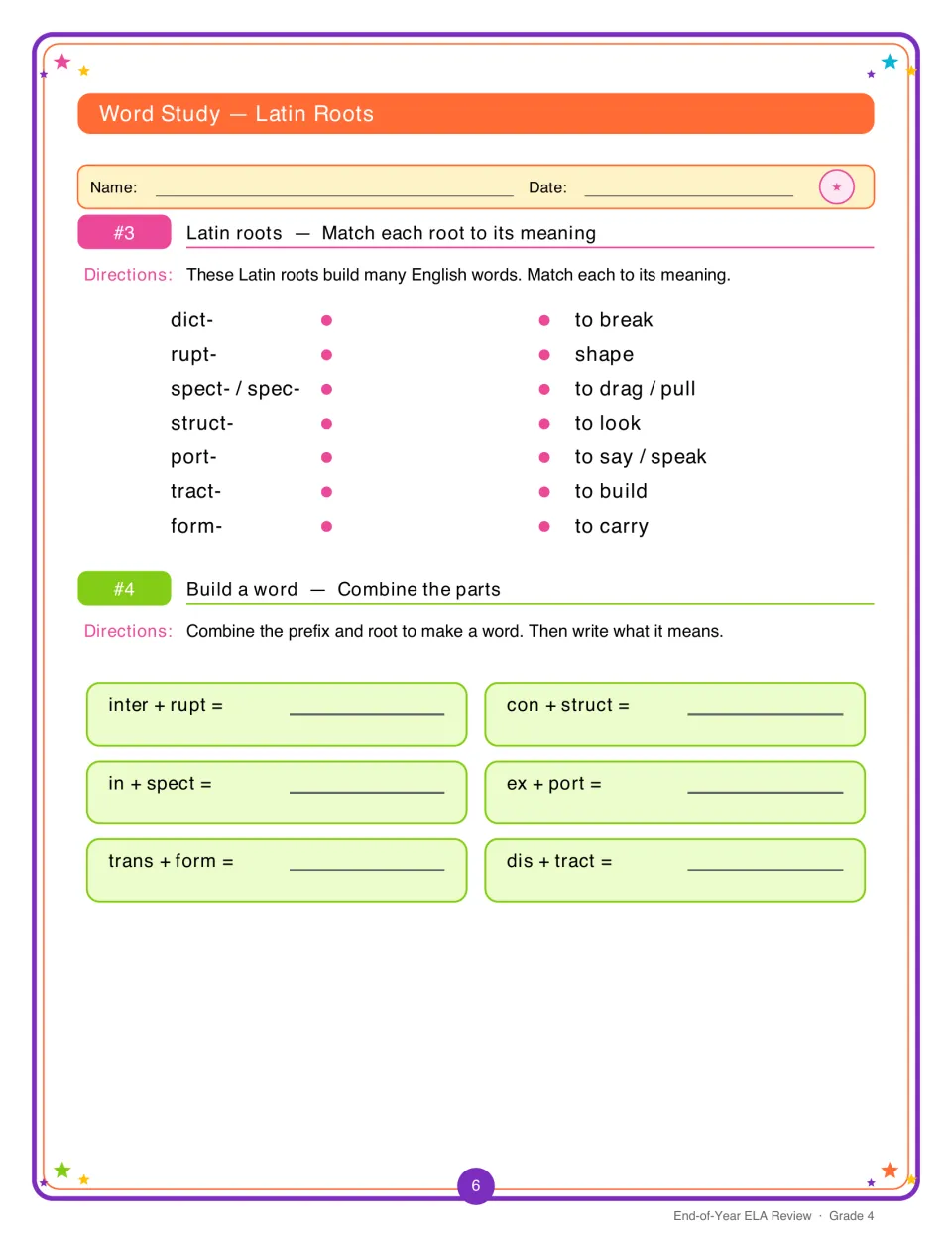 Latin roots: students match dict, rupt, spect, struct, port, tract and form to meanings, then build words like interrupt