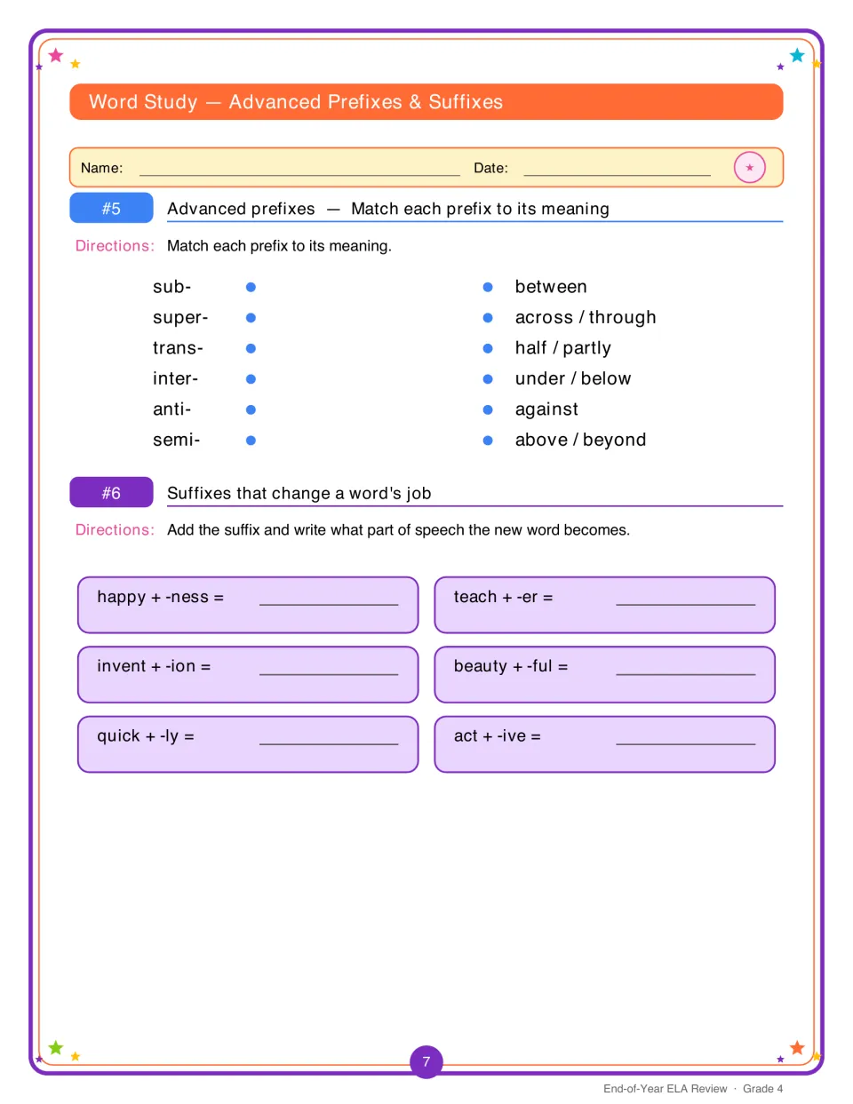 Prefixes and suffixes: students match sub, super, trans, inter, anti and semi, then add suffixes and name the part of speech