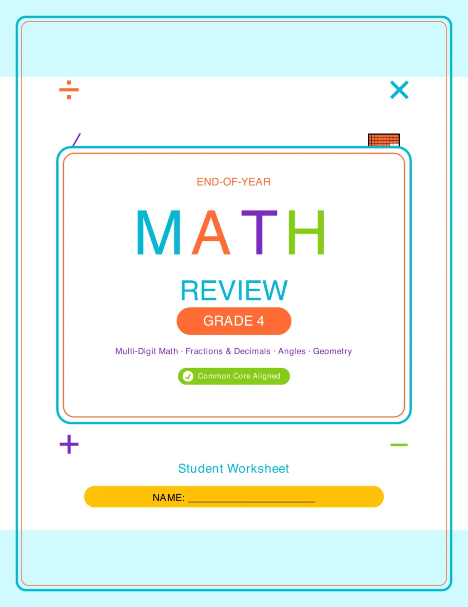 Grade 4 math review packet cover naming multi-digit math, fractions and decimals, angles, and geometry