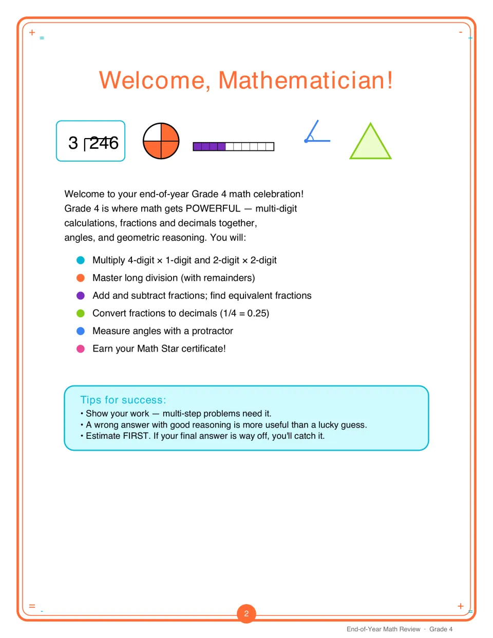 Student welcome introduces multiplication, division, fractions, decimals, and angles, plus review tips