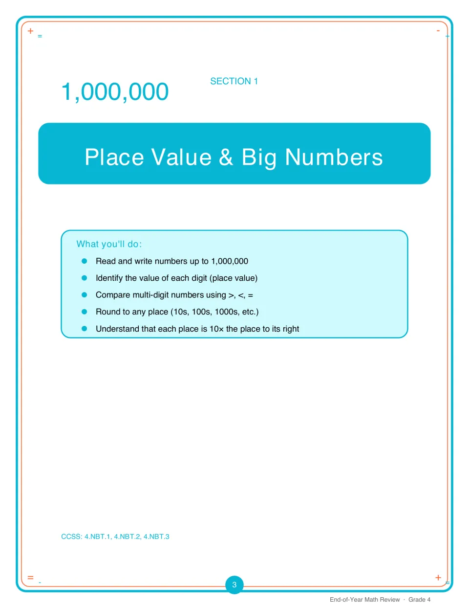 Section 1 introduction outlines place value to 1,000,000, comparing numbers, rounding, and place relationships