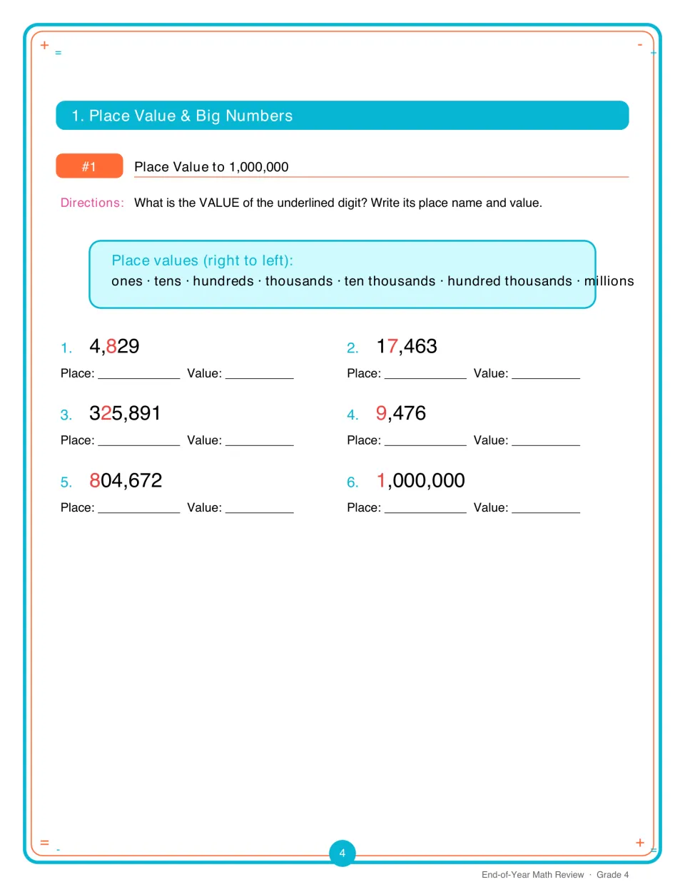 Activity 1 asks for the place name and value of highlighted digits in six numbers from 4,829 to 1,000,000