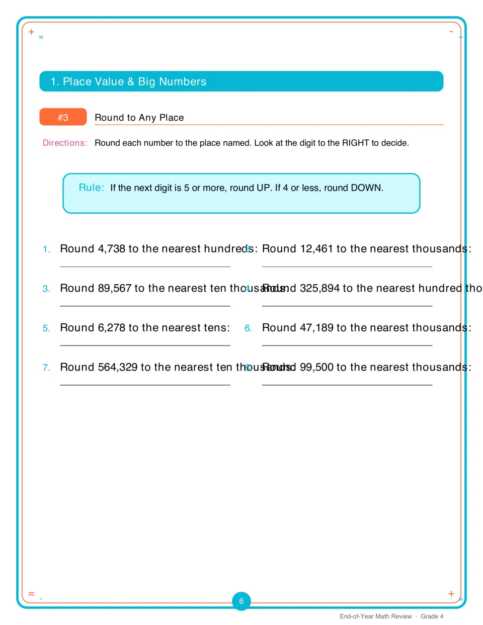 Activity 3 gives eight rounding problems, including 4,738 to the nearest hundred and 6,278 to the nearest ten