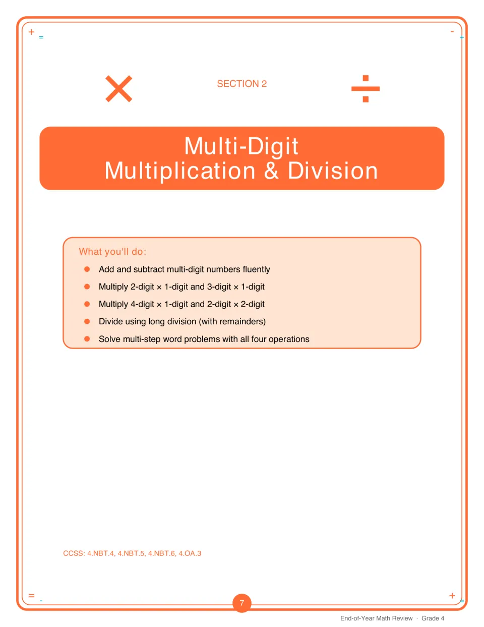 Section 2 introduces multi-digit operations, long division with remainders, and multi-step word problems