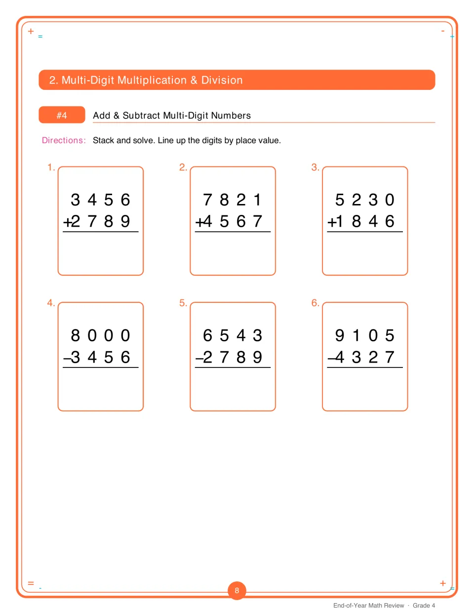 Activity 4 provides six multi-digit addition and subtraction problems, including 3,456 + 2,789 and 8,000 − 3,456