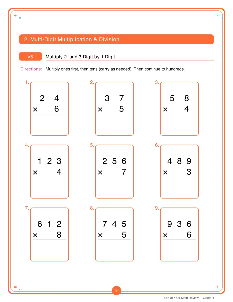 Activity 5 provides nine multiplication problems using two- and three-digit factors, from 24 × 6 to 936 × 6