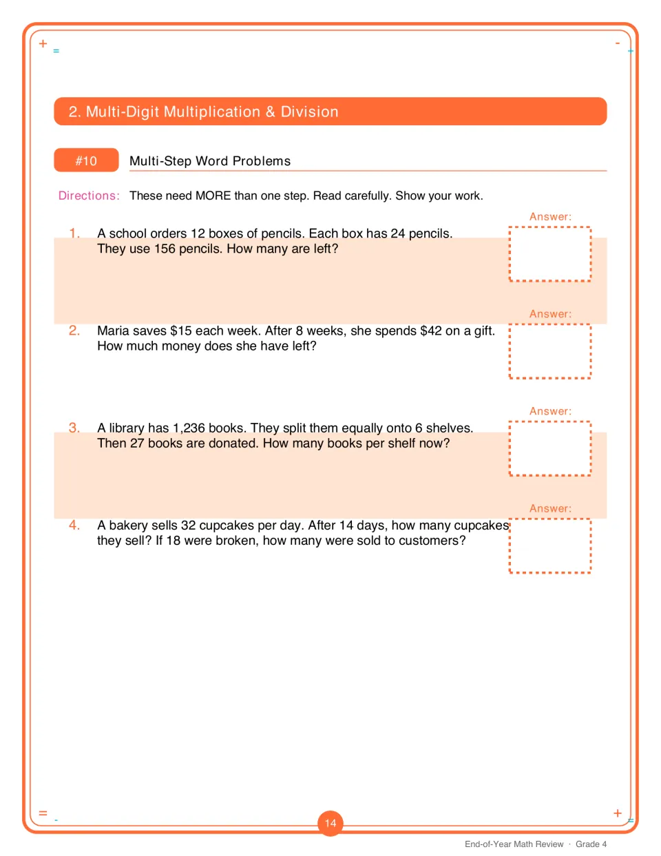 Activity 10 presents four multi-step word problems about school pencils, savings, library books, and cupcakes