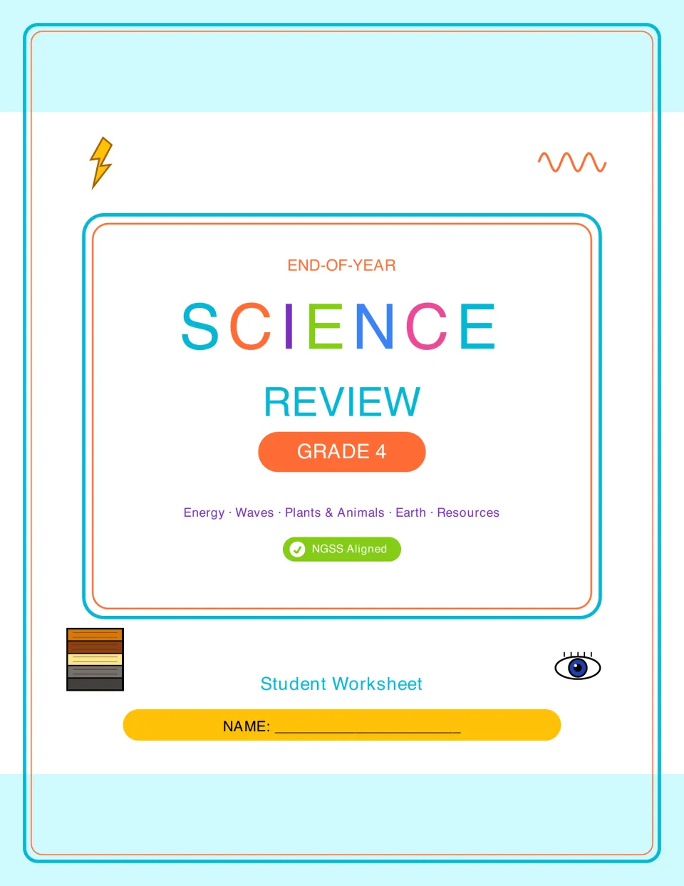 Cover of End-of-Year Science Review, Grade 4 student worksheet: energy, waves, plants & animals, Earth and resources