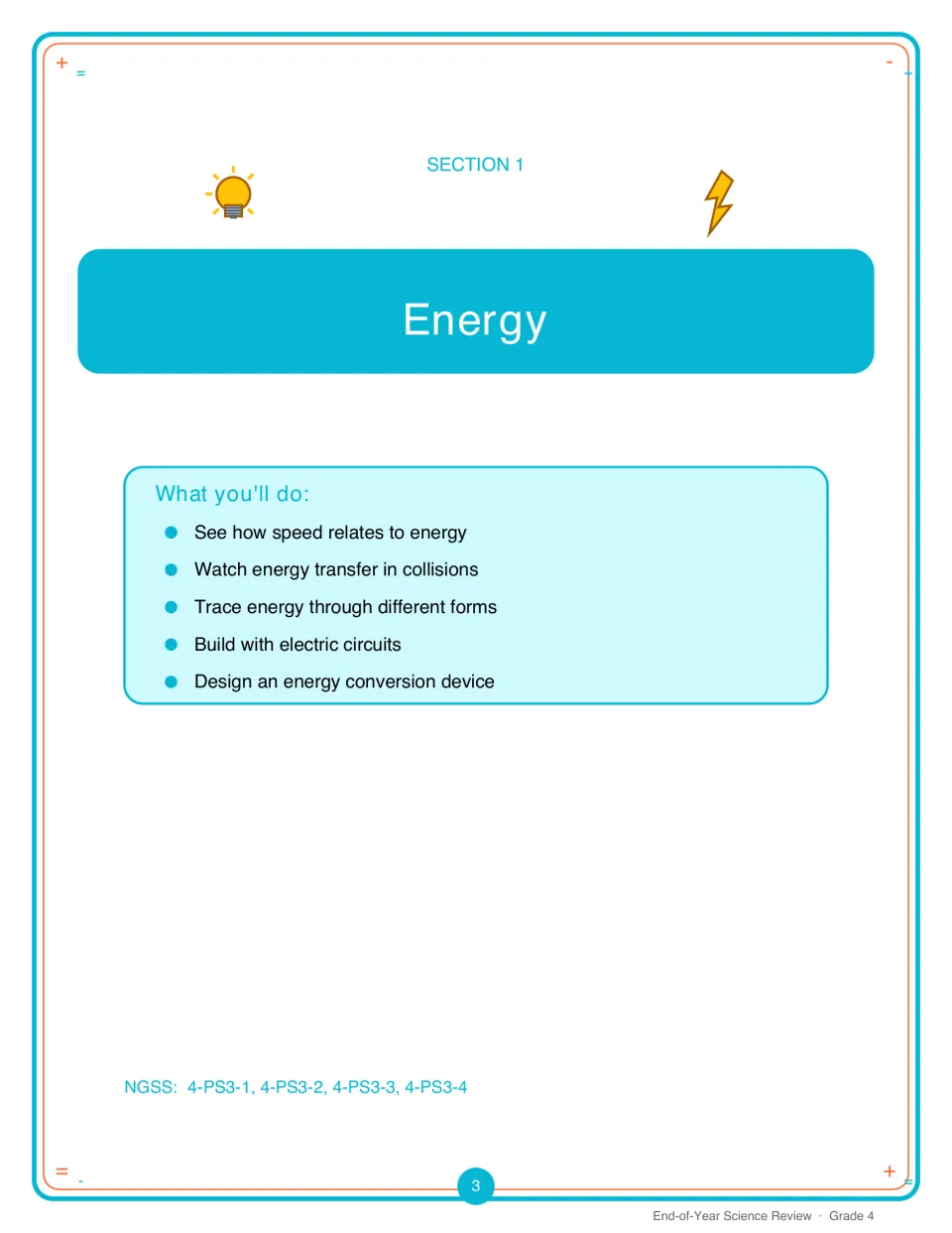 Section 1 Energy divider: goals on speed, collisions, forms of energy, electric circuits and designing a conversion device